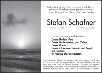 Traueranzeige von Stefan Schafner von Pegnitz-Zeitung